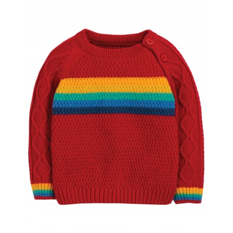 Caleb Cable Knit Jumper, Tango Red/Rainbow - frugi